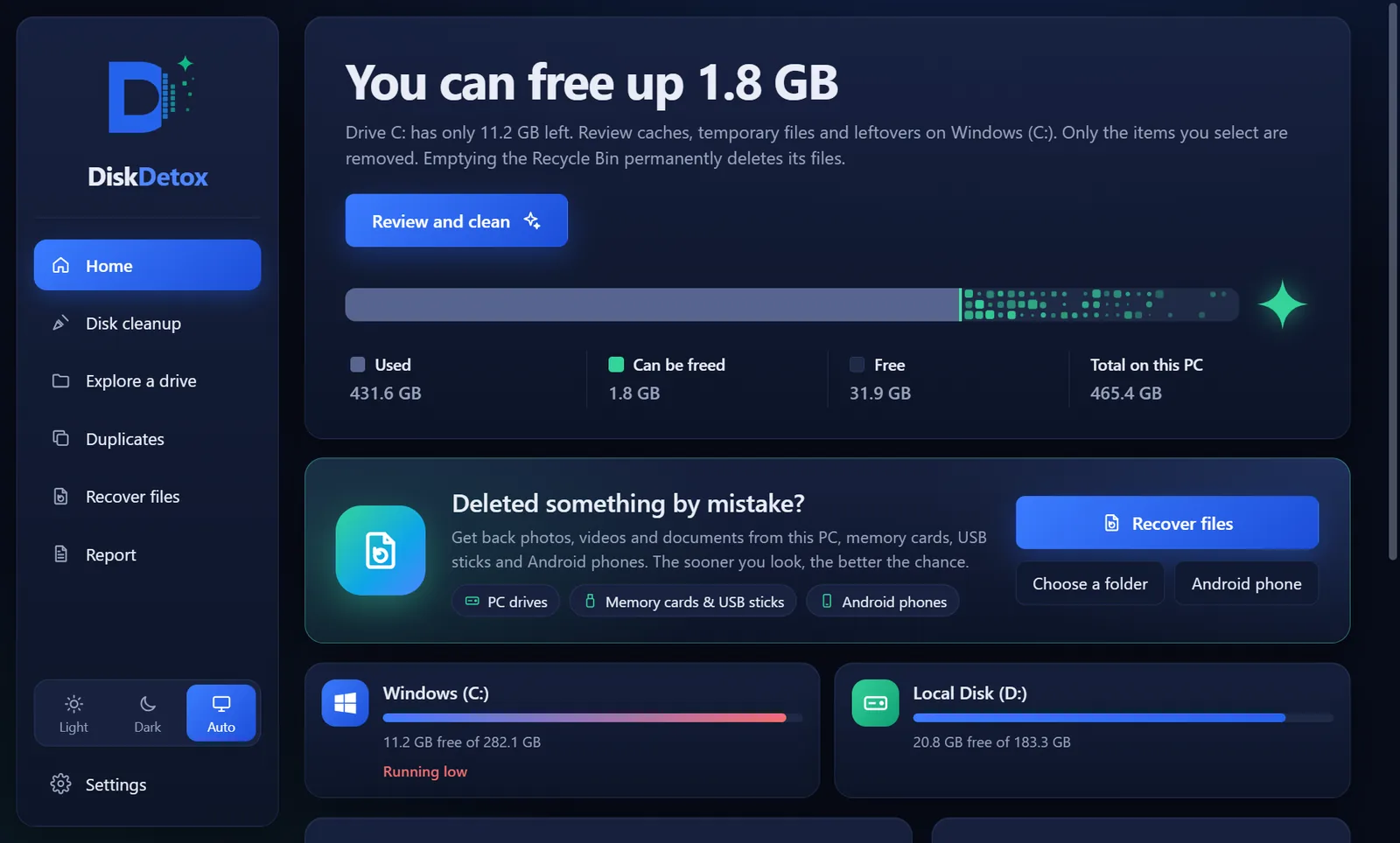 DiskDetox home: drive C is almost full and 1.8 GB can be freed safely